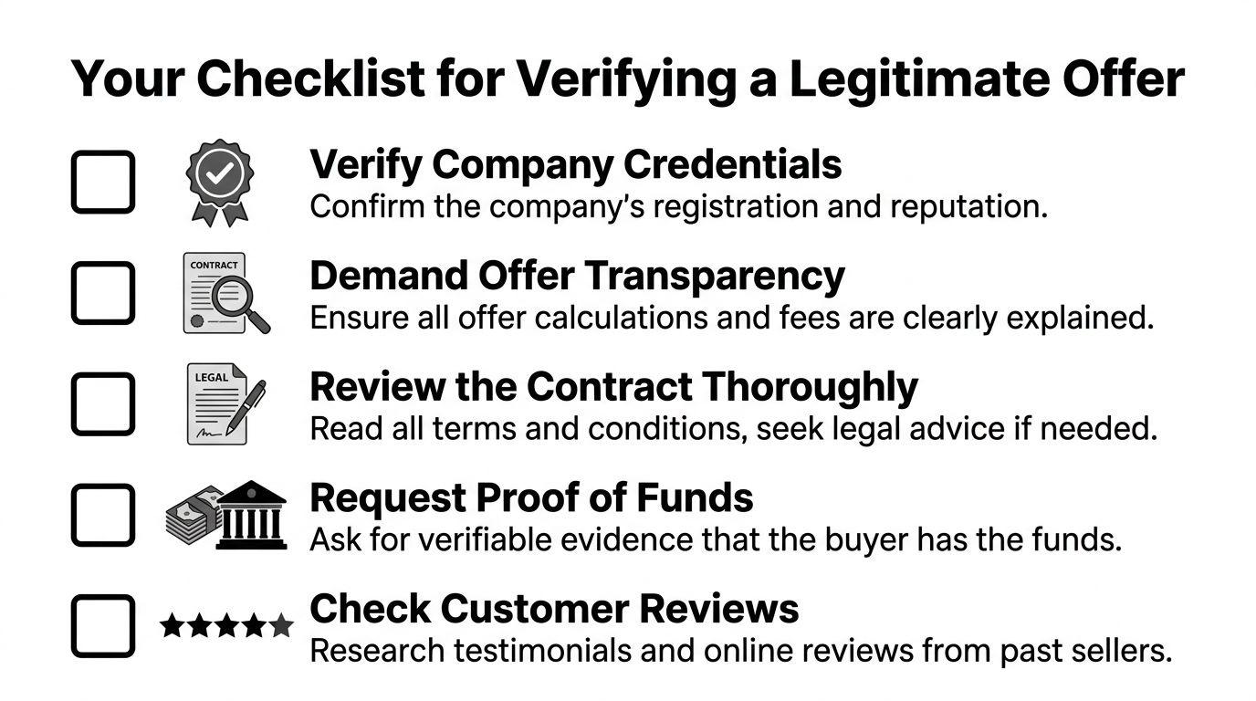 A checklist for verifying a legitimate business offer with five actionable steps for property sellers.