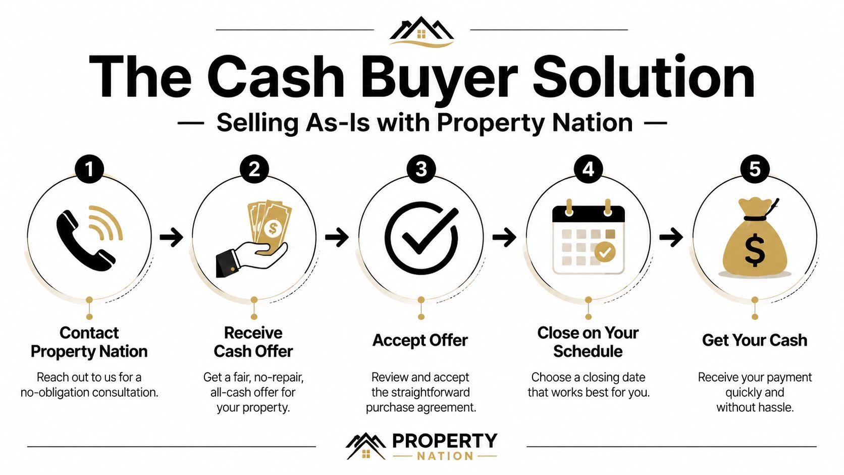 A five-step infographic explaining the process for selling a house quickly for cash to Property Nation.