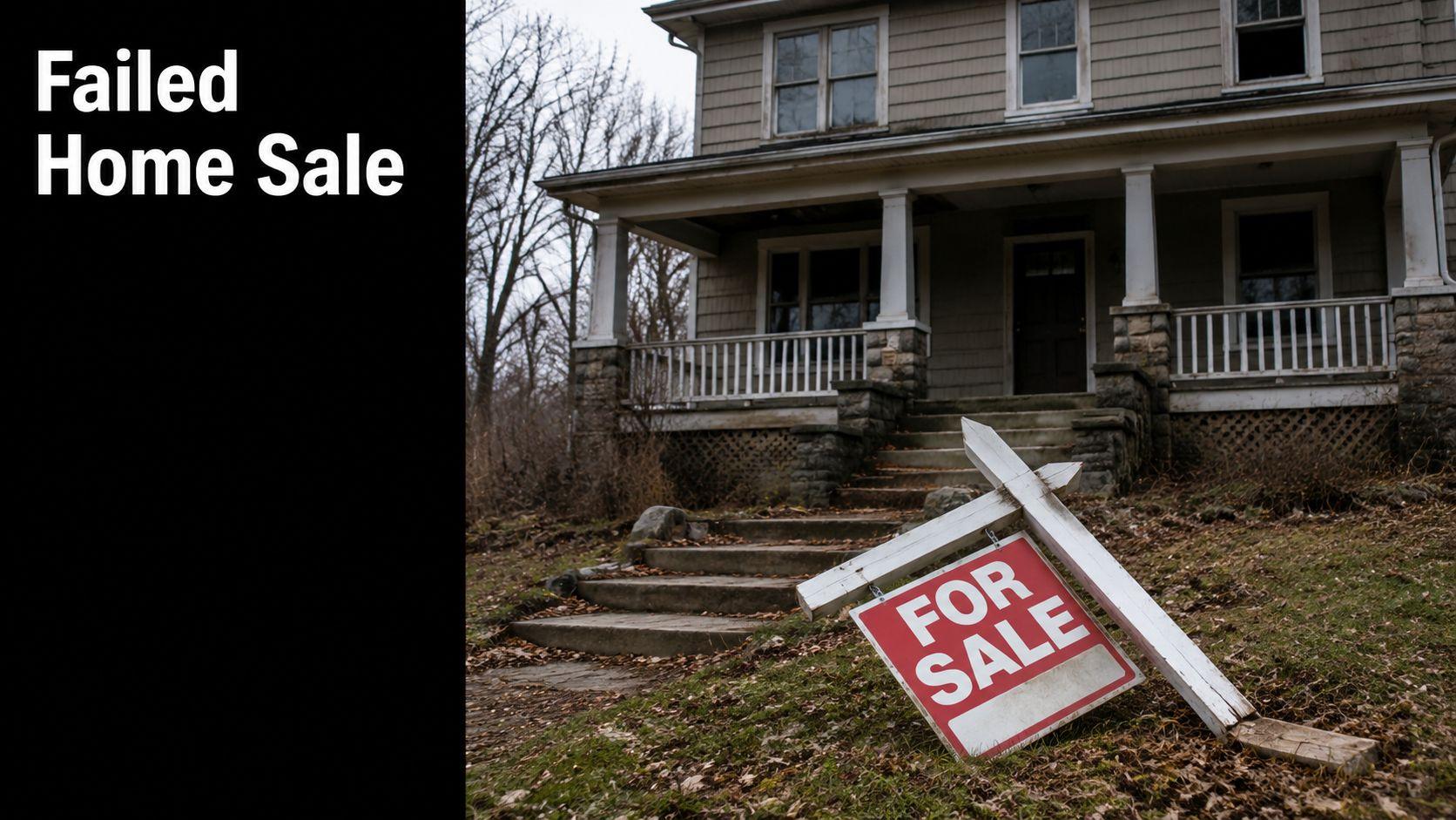 A fallen real estate sign in front of a neglected, run-down house during a winter day.