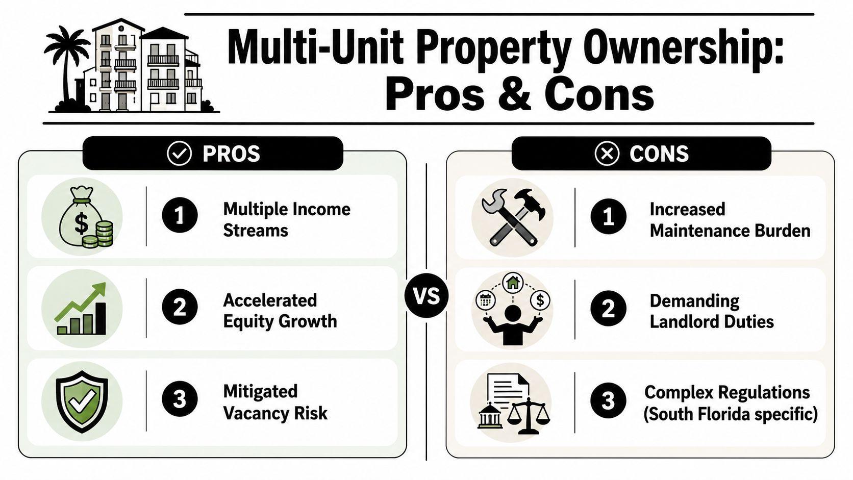 An infographic comparing the pros and cons of owning multi-unit real estate property.
