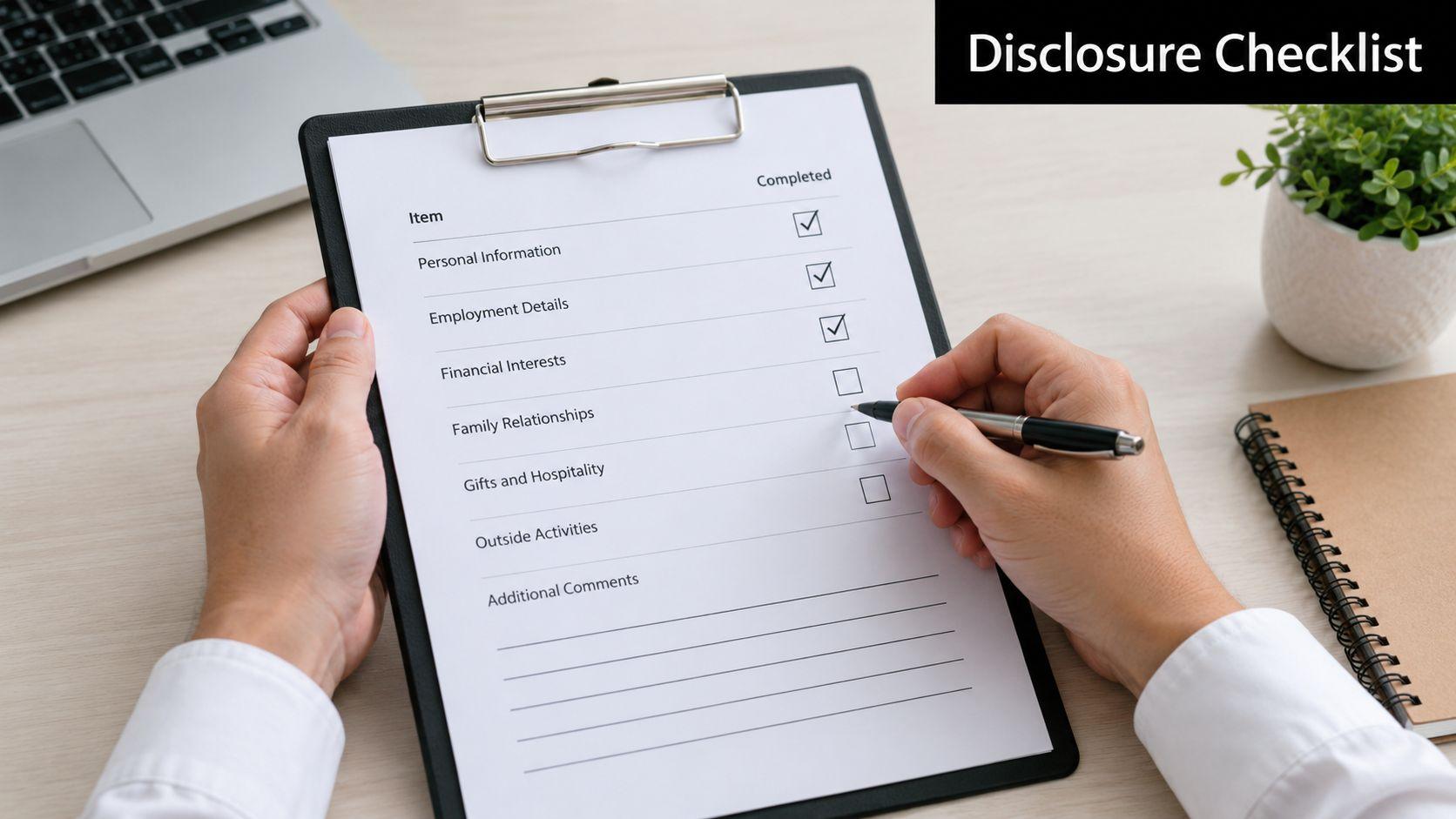 A person filling out a property condition disclosure checklist on a clipboard with a pen.