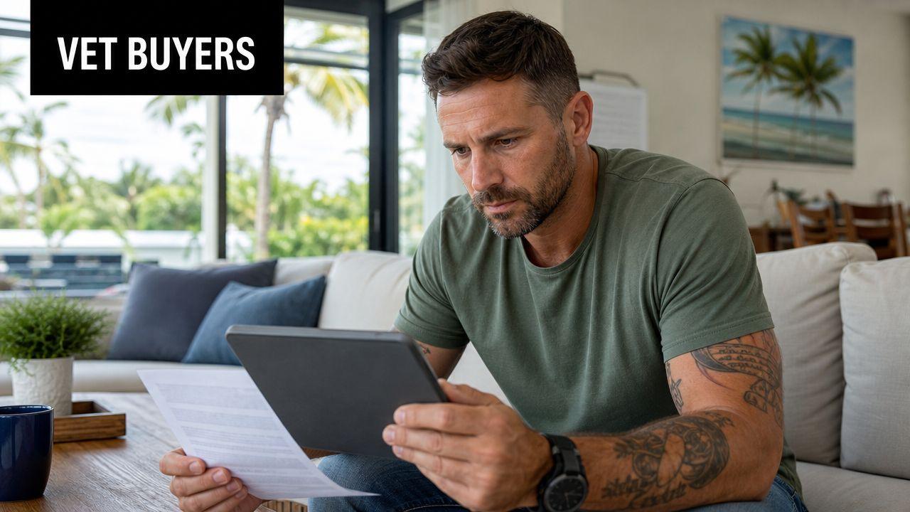 A focused man with tattoos sitting on a couch, reviewing paperwork and holding a digital tablet.