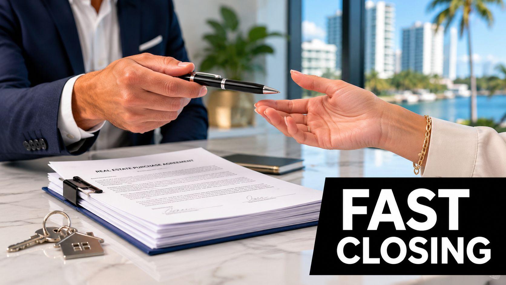 A professional handing a pen to a client to sign a real estate purchase agreement in Miami.