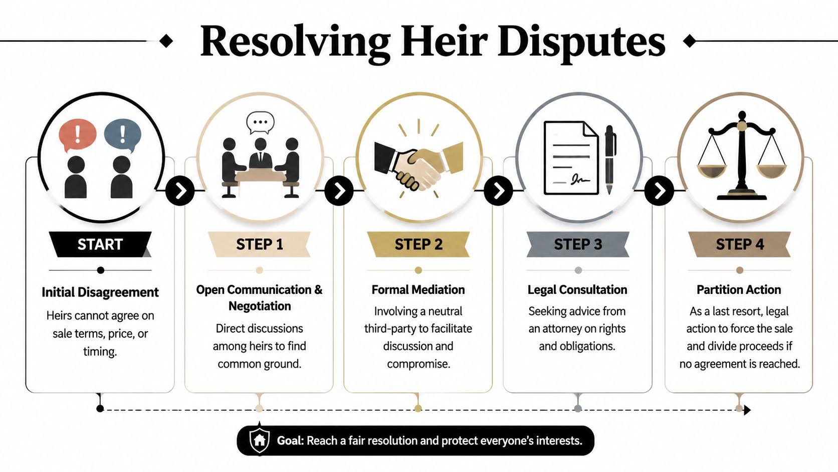 A flowchart infographic titled Resolving Heir Disputes, outlining the five steps from disagreement to partition action.