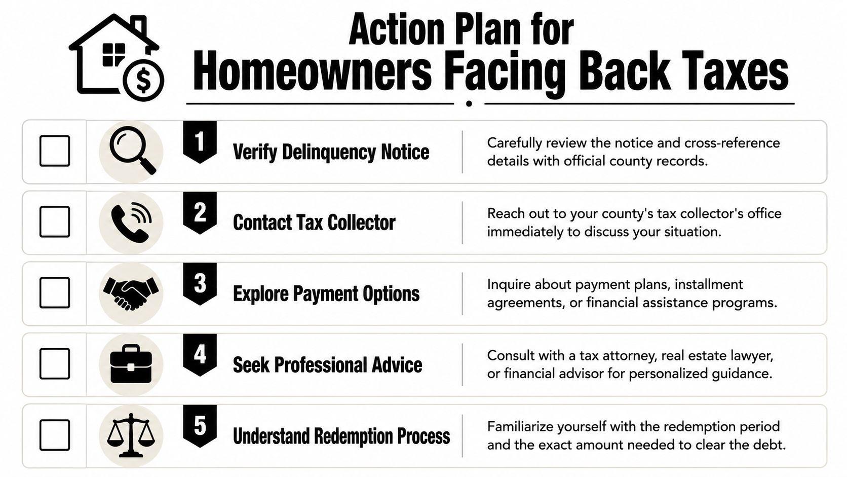 A five-step checklist illustrating a guide for homeowners to manage and address unpaid property back taxes.