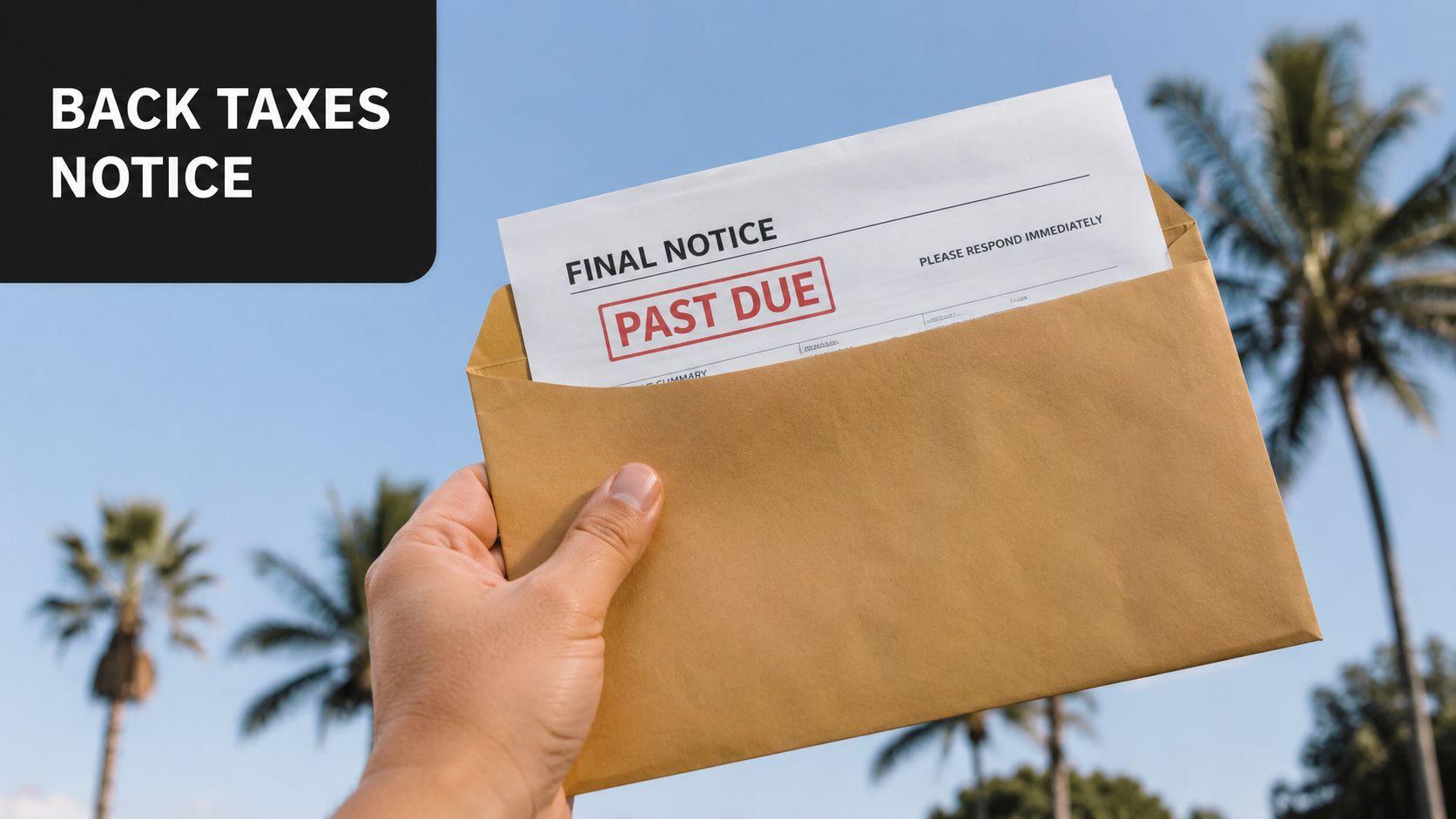 A hand holding an envelope containing a document labeled final notice and past due in red text.