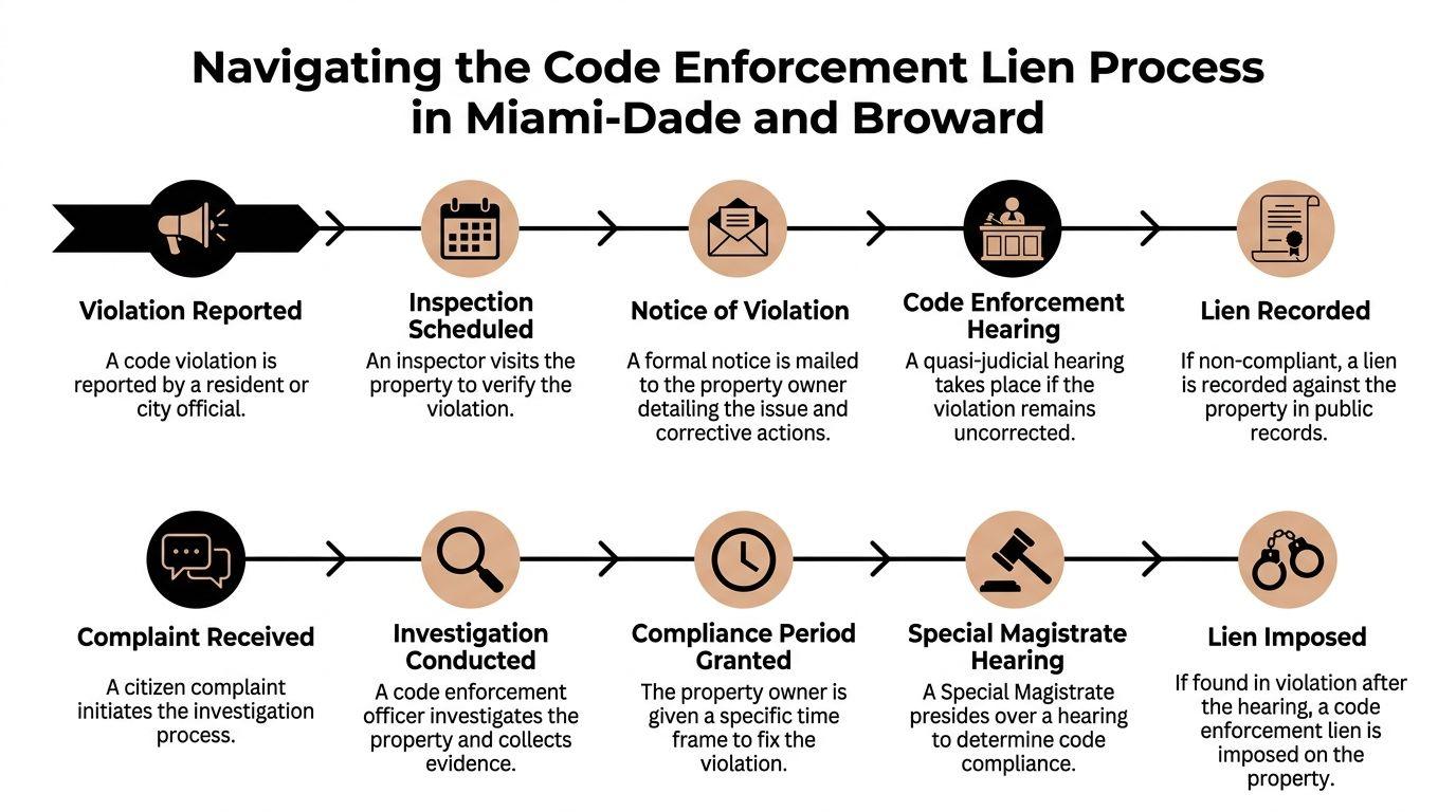 A flow chart illustrating the step-by-step code enforcement lien process for property owners in Florida.
