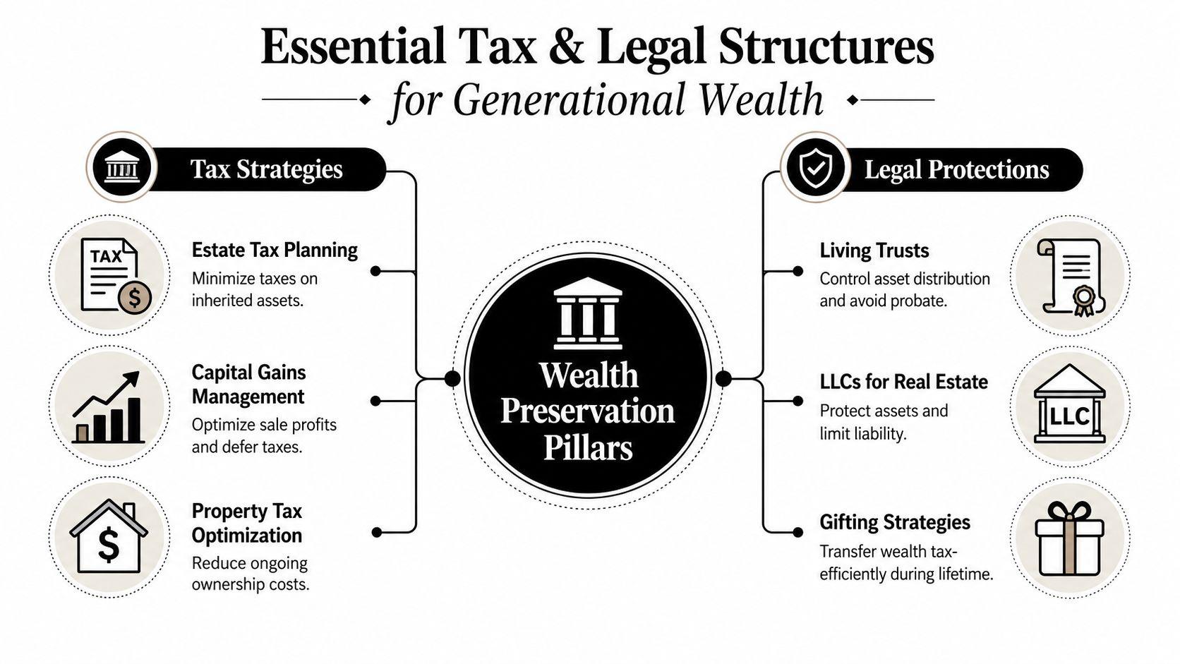 An infographic titled Essential Tax and Legal Structures for Generational Wealth, highlighting key strategies for asset preservation.