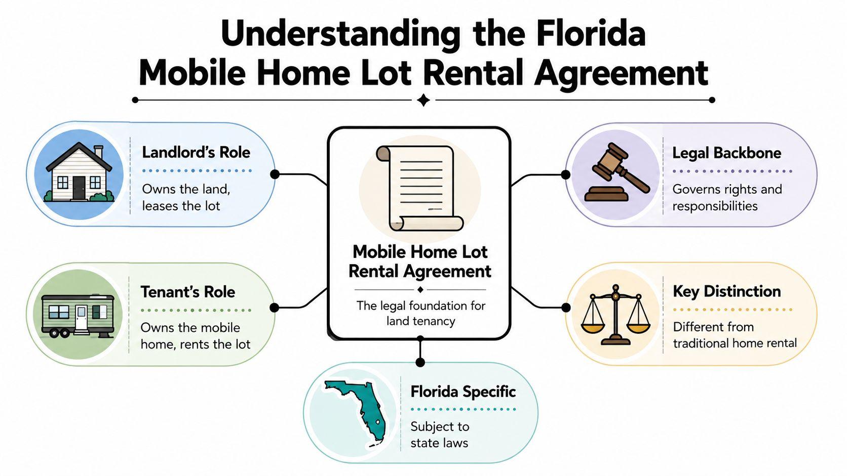 A diagram explaining the components and legal context of a Florida mobile home lot rental agreement.