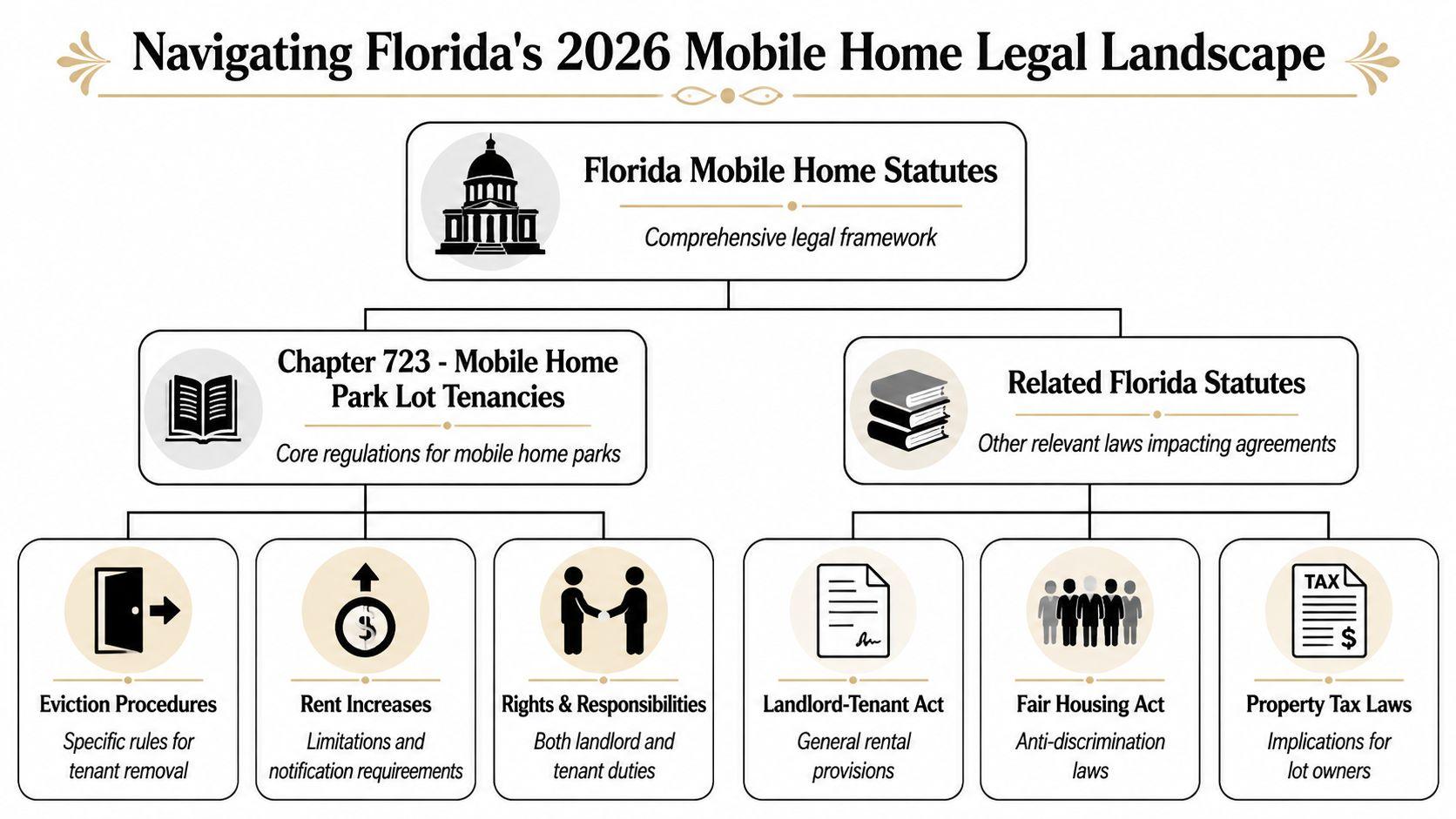 A flowchart detailing Florida's mobile home legal framework, including Chapter 723 regulations, tenant rights, and related statutes.