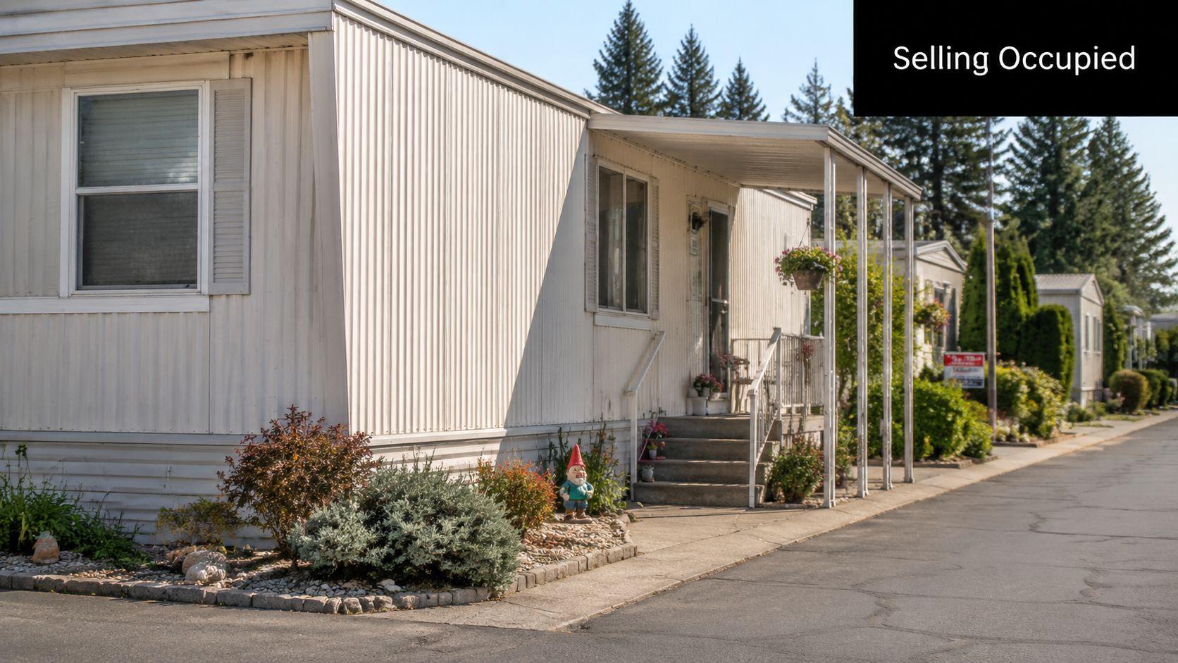A well-maintained single-wide mobile home with light siding, a small front porch, and decorative landscaping.