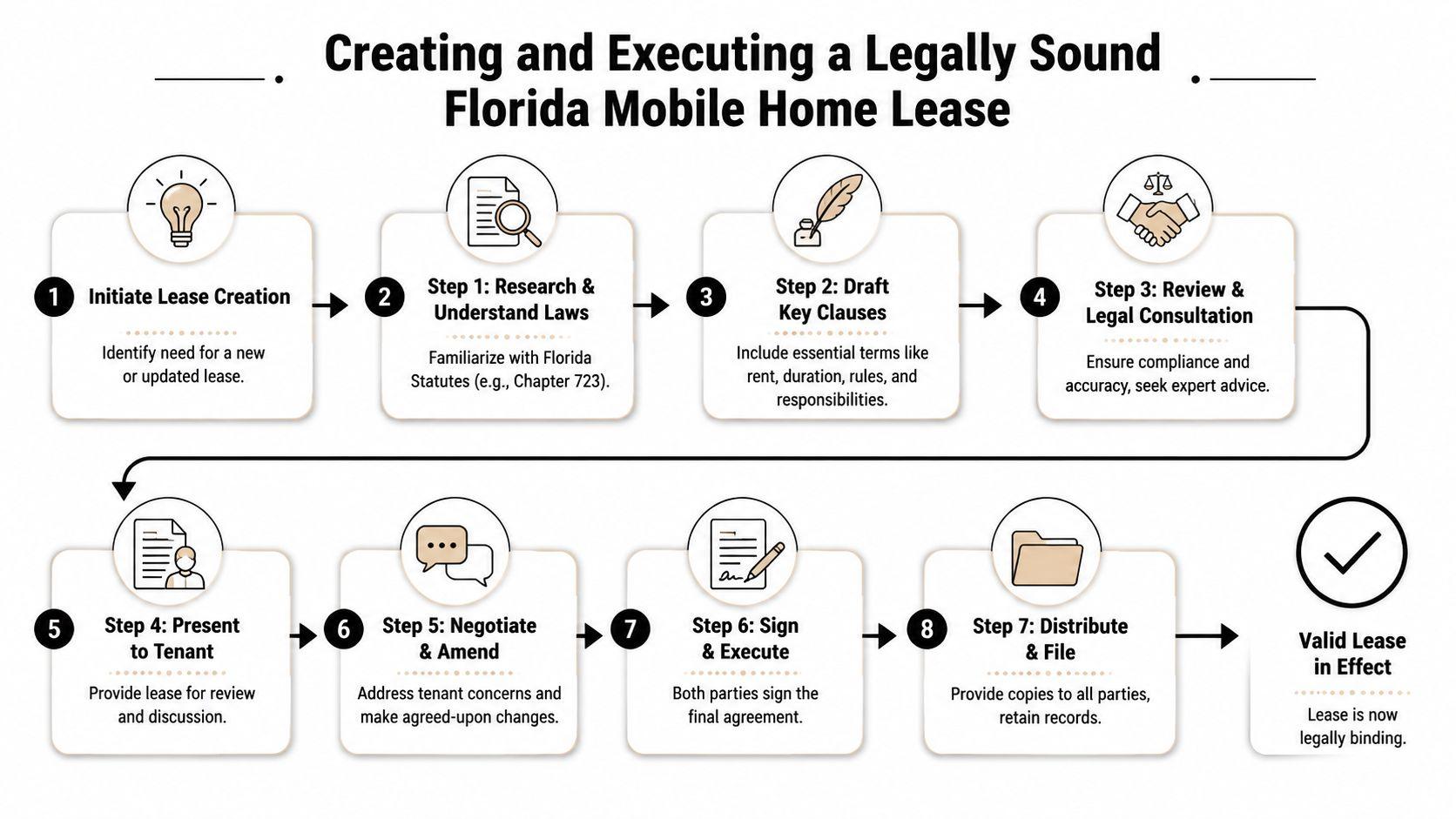 A flowchart detailing the eight steps for creating and executing a legally sound Florida mobile home lease.