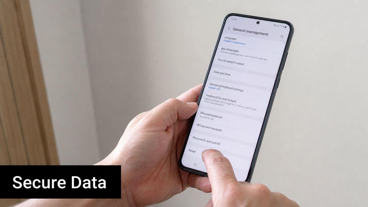 A person navigating the general management settings menu on a Samsung smartphone screen to reset data.