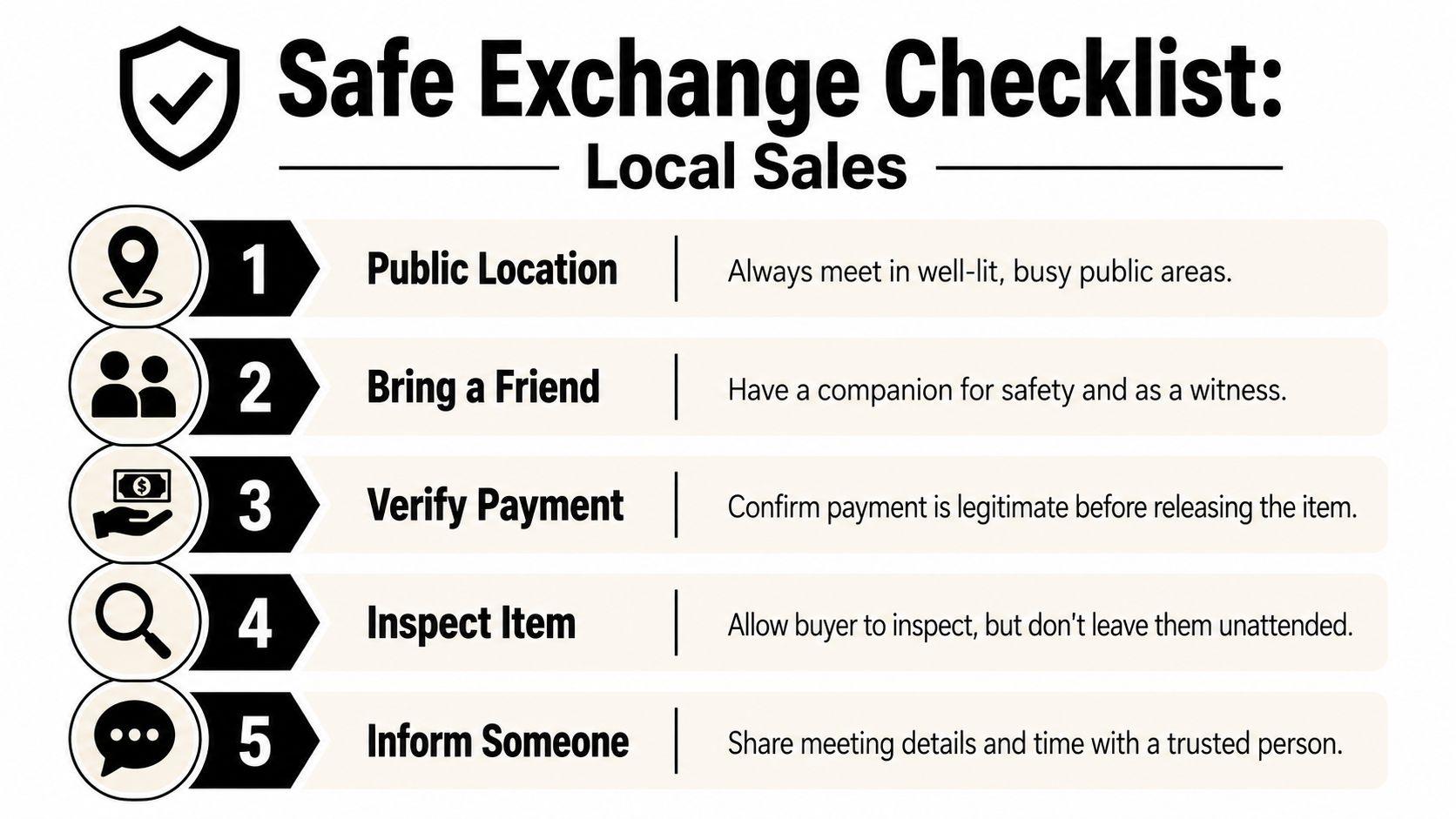 A safety infographic titled Safe Exchange Checklist outlining five essential steps for conducting secure local sales.